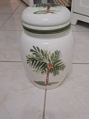 Hand-Painted Palm Tree Ceramic Jar 8 1/2 X7